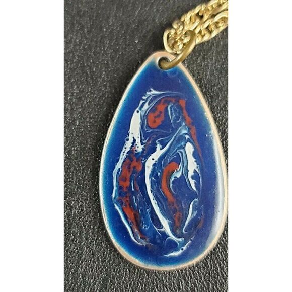 VINTAGE Jewelry- Abstract Blue Red Teardrop Painted Pendant Necklace - Picture 4 of 6